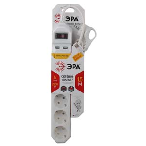 USF-5es-1.5m-USB-W Сетевой фильтр ЭРА (белый) с заземл, 3x0,75мм2, с выкл, 5гн+2USB, 1.5м - купить в Новокузнецке